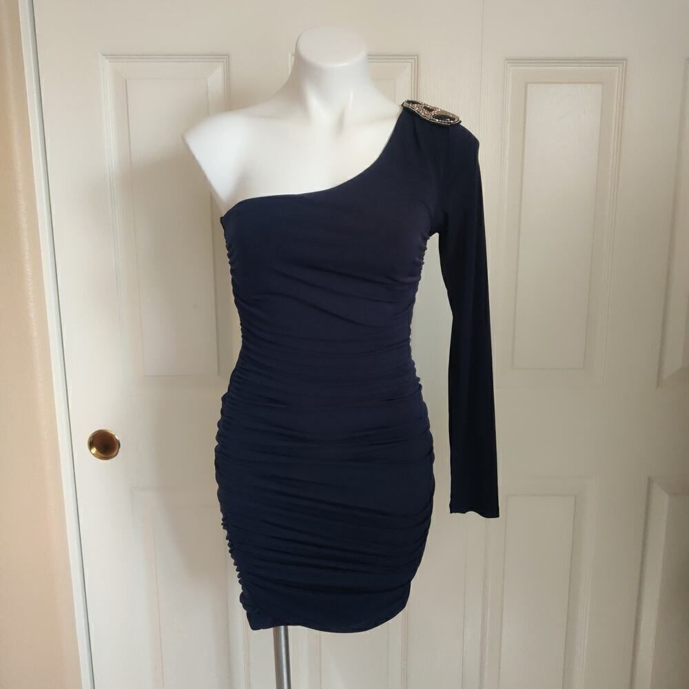 City Triangles ruched stretch bodycon one shoulder mini dress sz M NWT